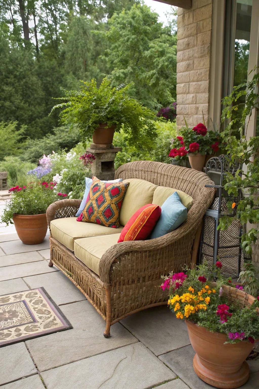 Wicker sofas combine durability with comfort for an inviting patio setting.