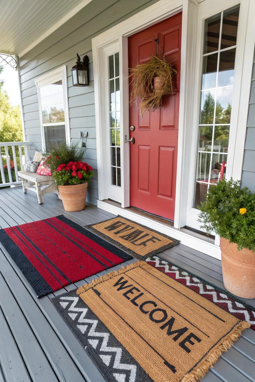 Layered rugs on a front porch adding texture and warmth.