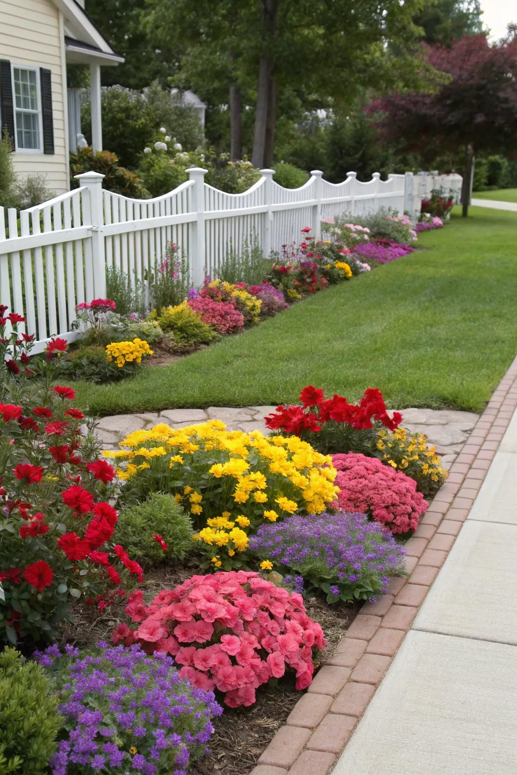 Bold color contrasts in the flower beds create a captivating visual display.