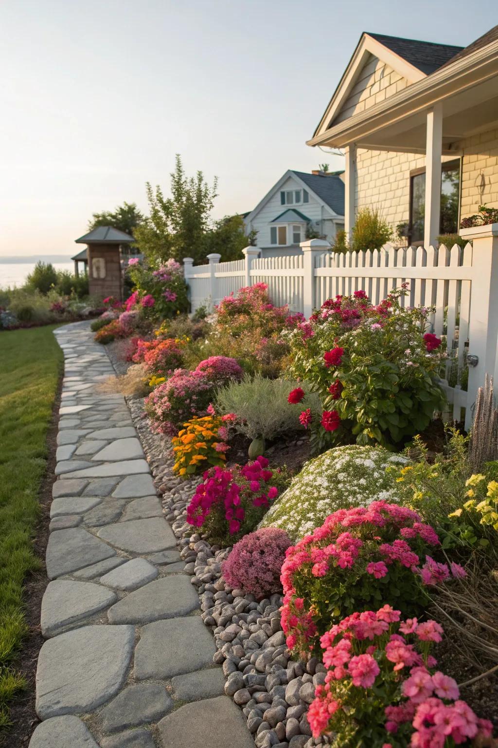 Colorful flowers frame the walkway, adding cheer and vibrancy.