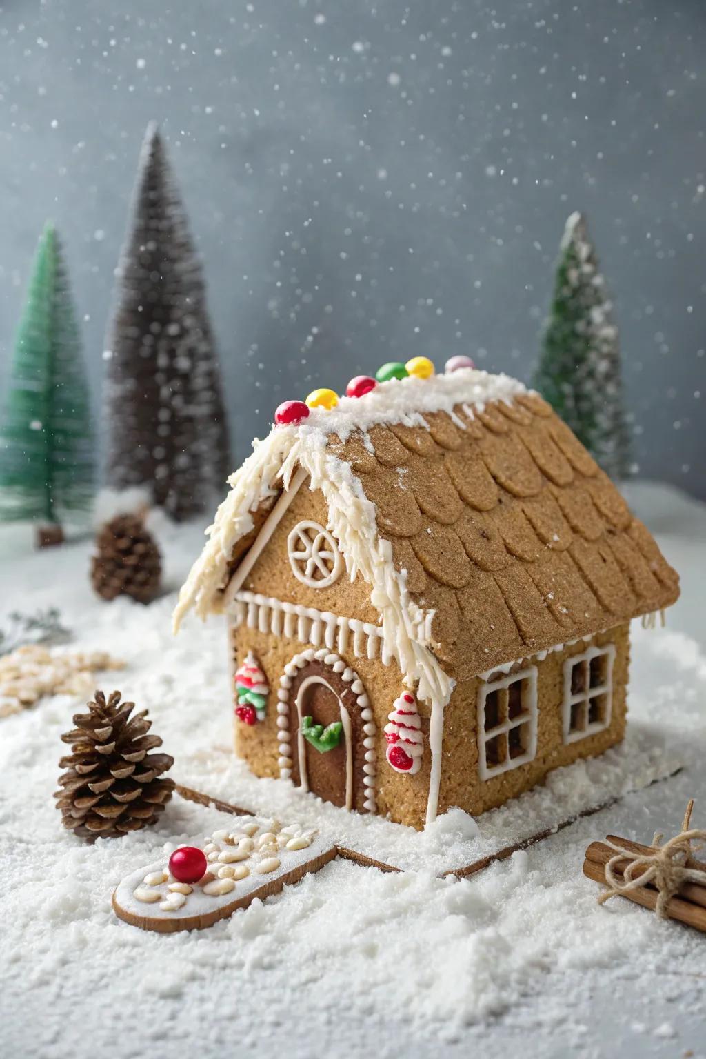 A gingerbread cabin featuring a thatched-inspired shelter providing an organic impression.