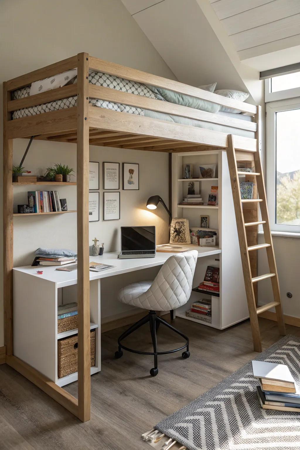 Transform your girl's loft bed into a functional study area.