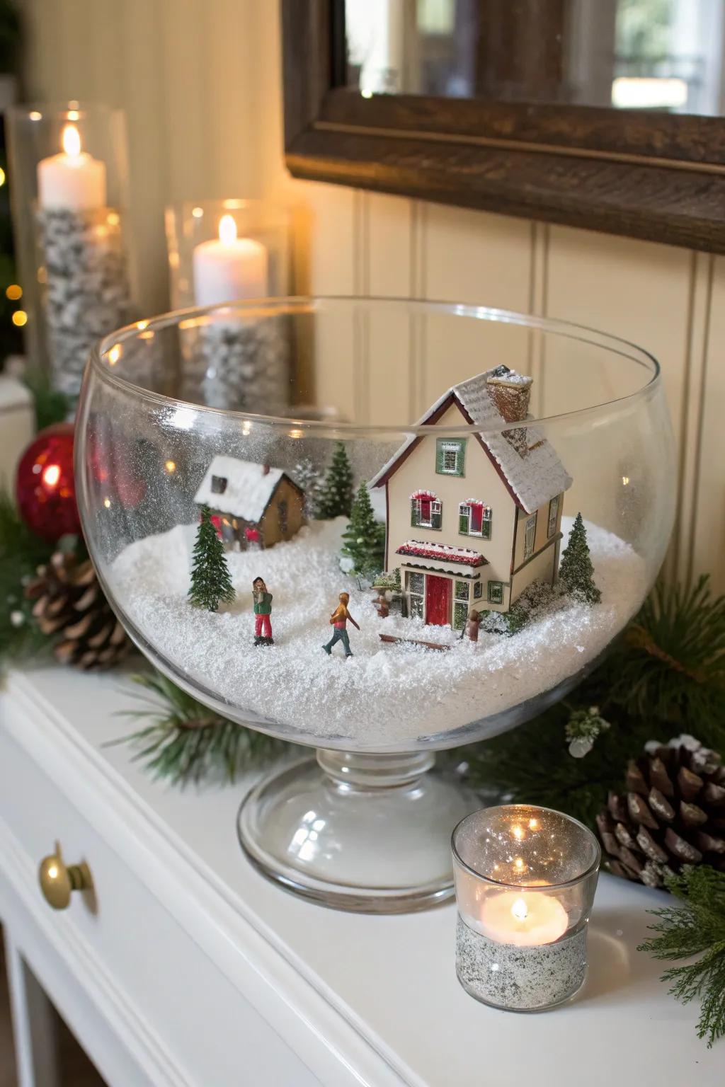 A charming icy hamlet ambiance contained within a clear bowl.
