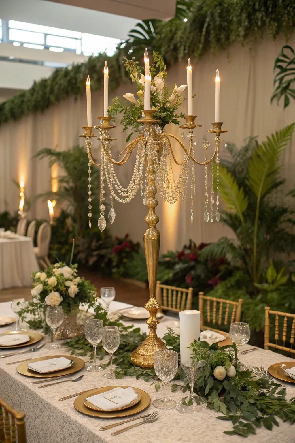 A striking golden light stand with crystal details for added flair.