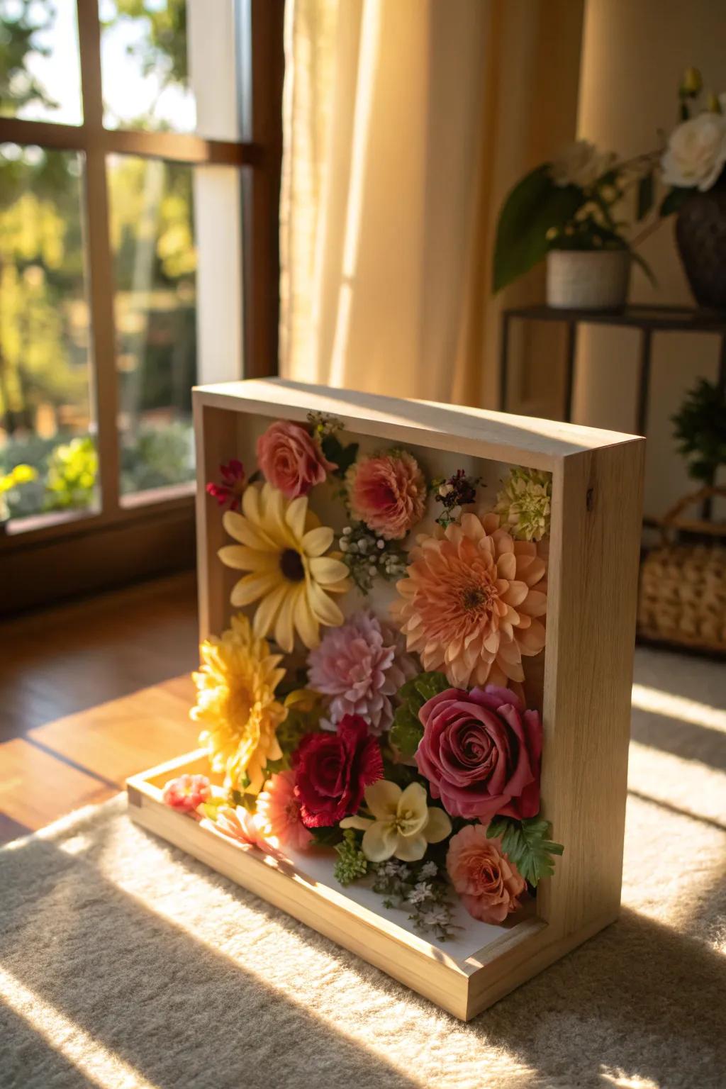 Add a splash of color with a floral shadow box.