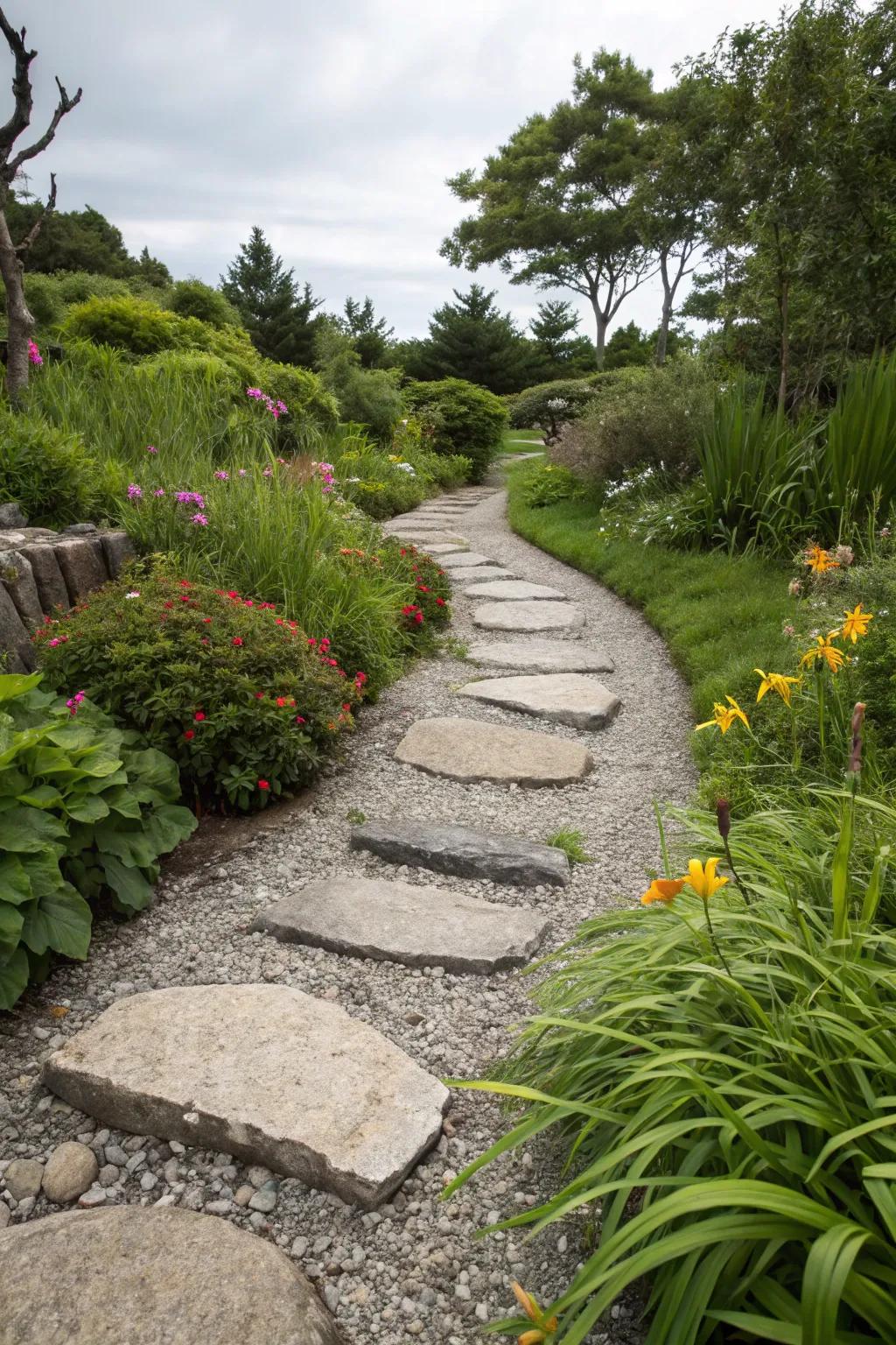 Stepping stones add charm and functionality to a gravel path.