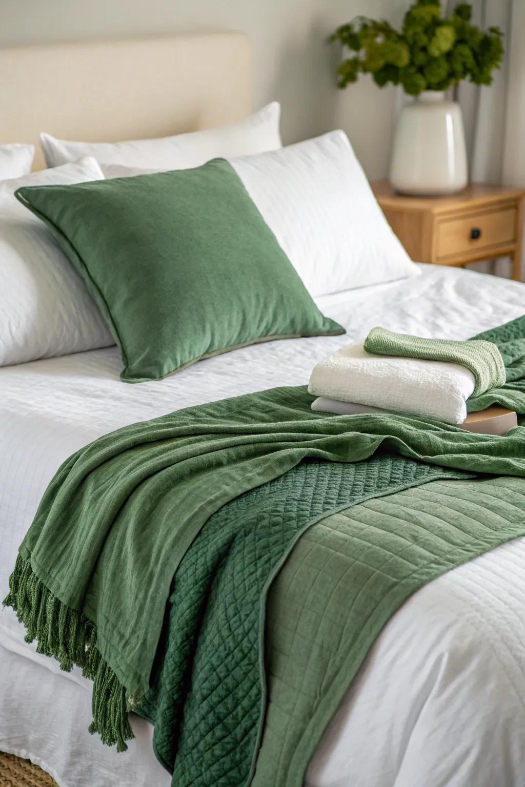 Layered textiles add comfort and style to a green and white bedroom.