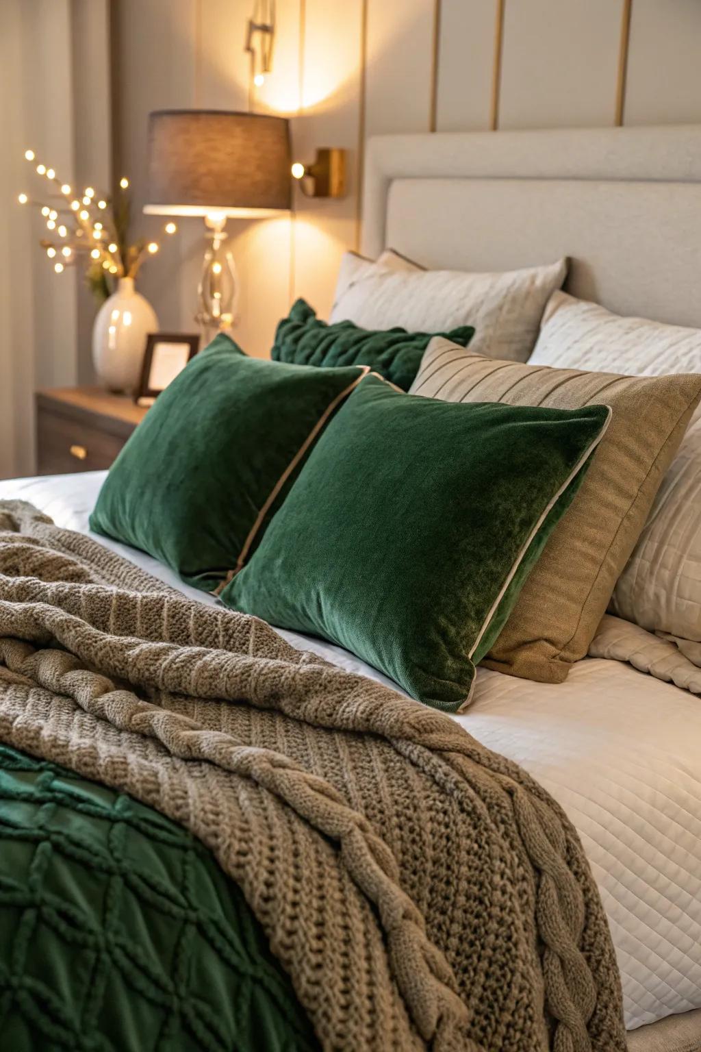 Plush green textiles add texture and warmth to this inviting bedroom.