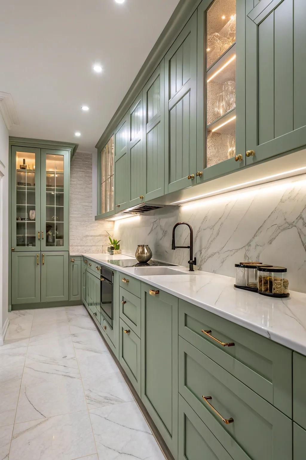 Serene kitchen with sage green cabinets and calming marble accents.