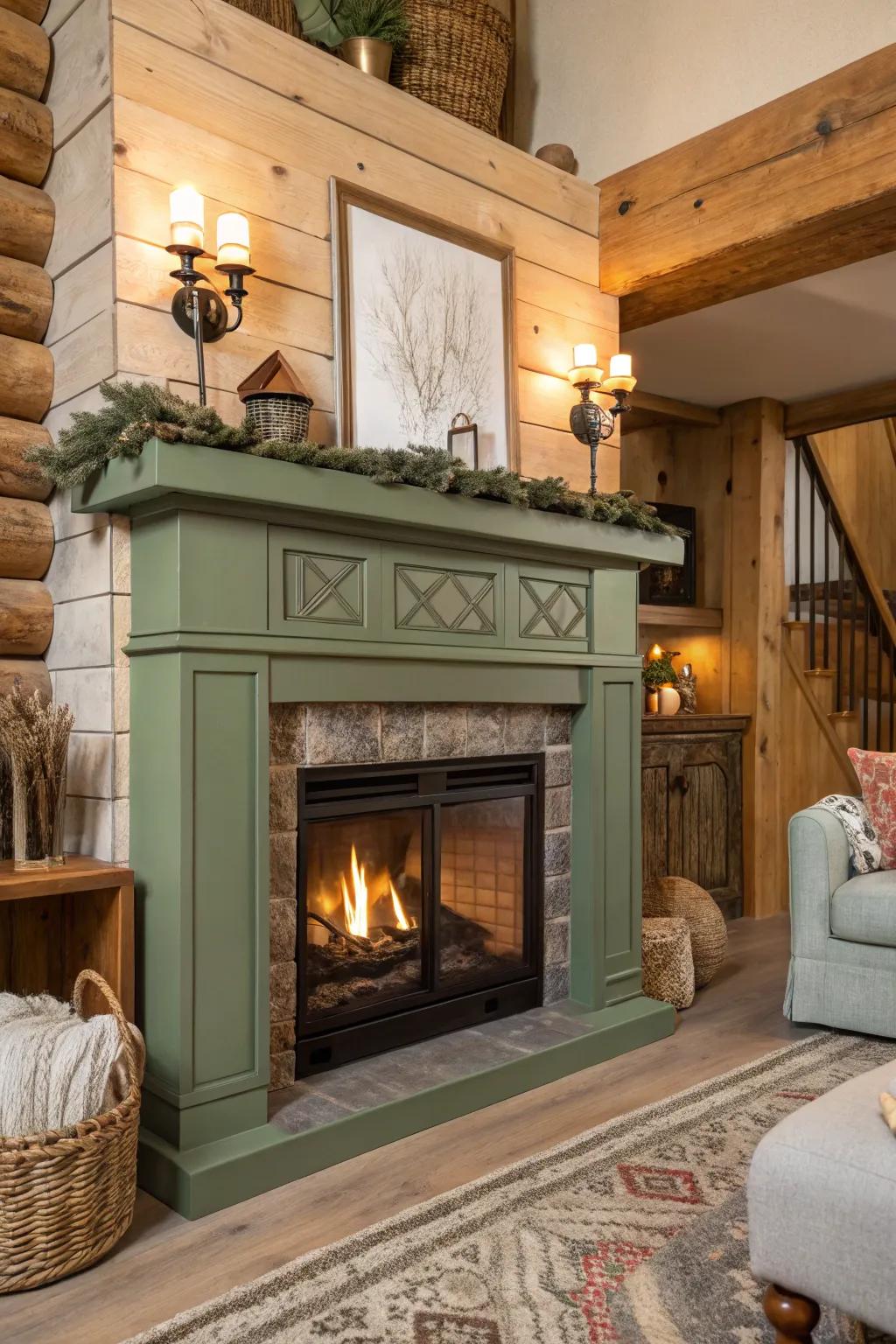 A fireplace with a calming sage green mantel and natural wood accents.