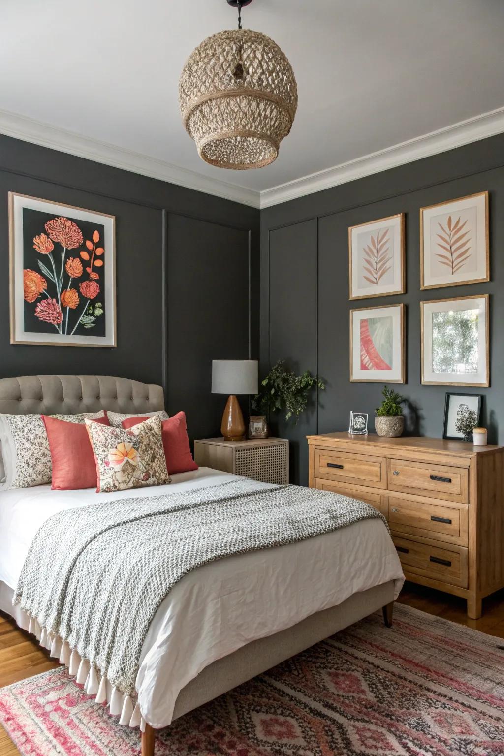 A dramatic bedroom with a bold charcoal grey accent wall.