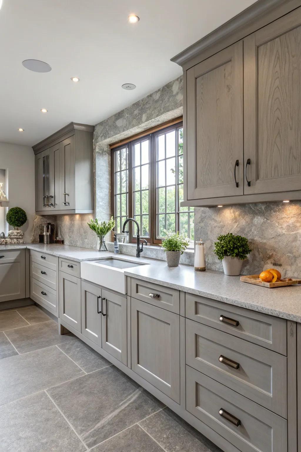 A kitchen showcasing a range of grey tones in its countertops.