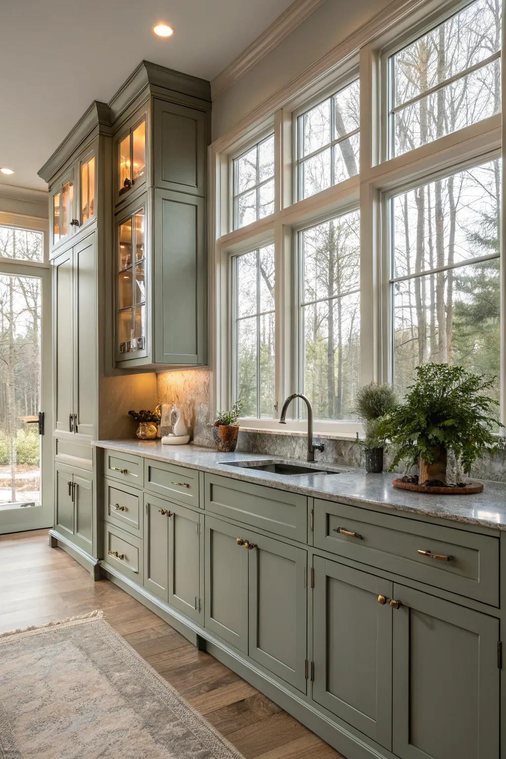 Natural light illuminating grey-green cabinets in a bright kitchen.