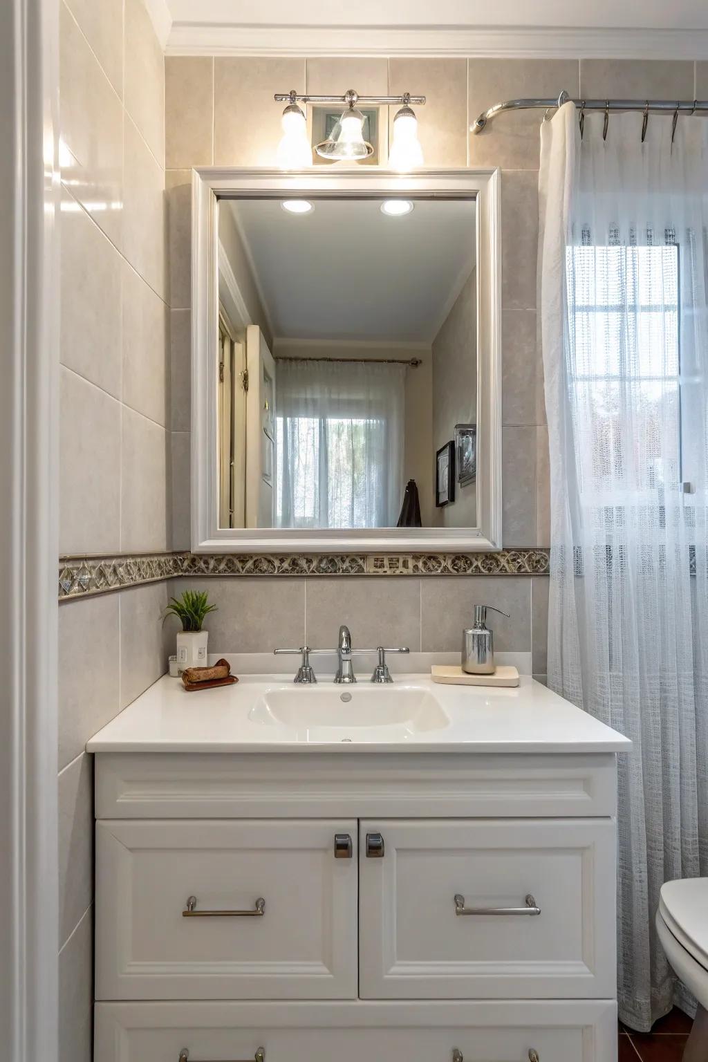 A large mirror can make your half bath feel more spacious.