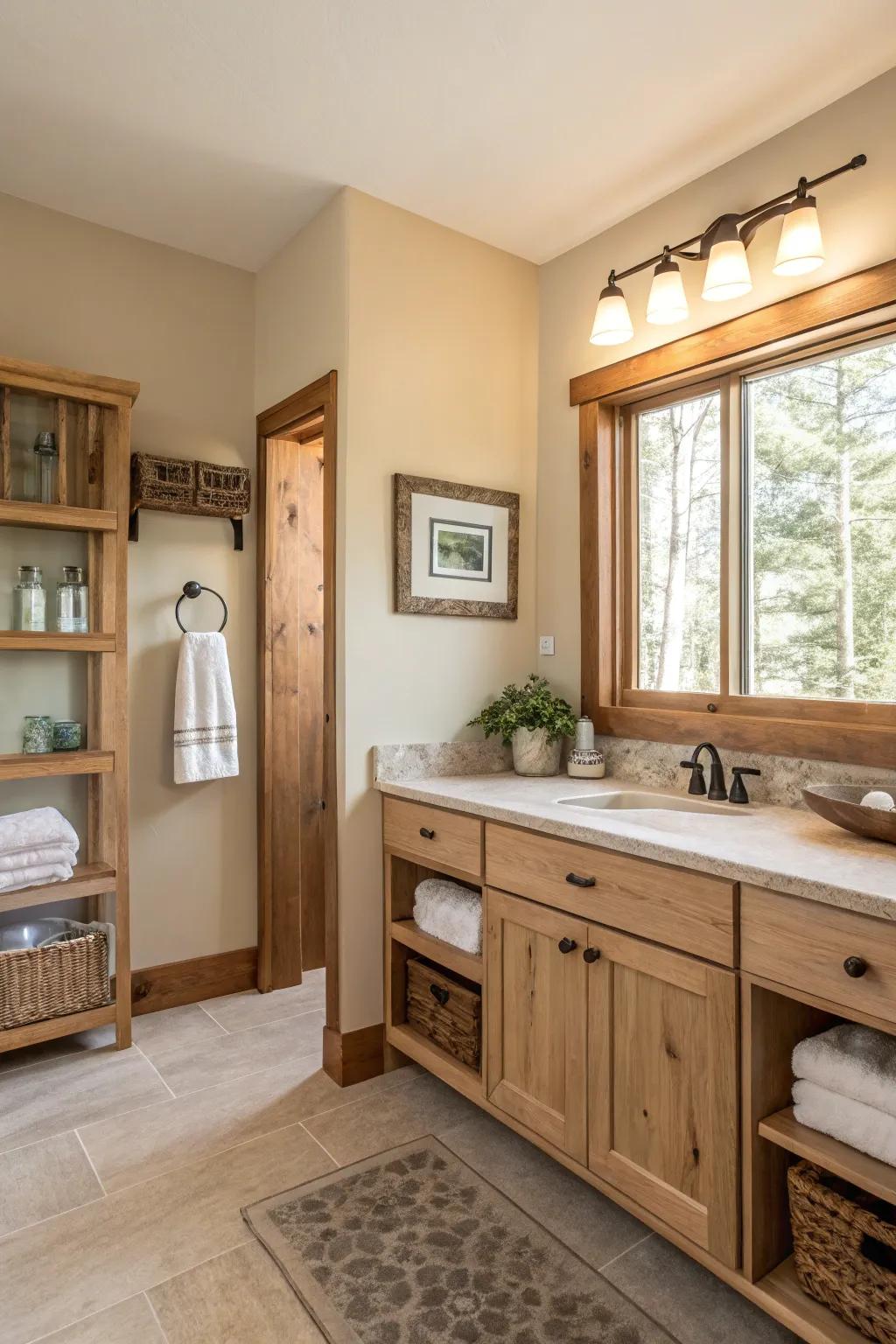 A bathroom features a tranquil, neutral color scheme.