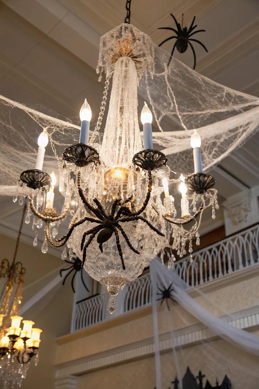 Spiderwebs evoke a spooky vibe on any chandelier.