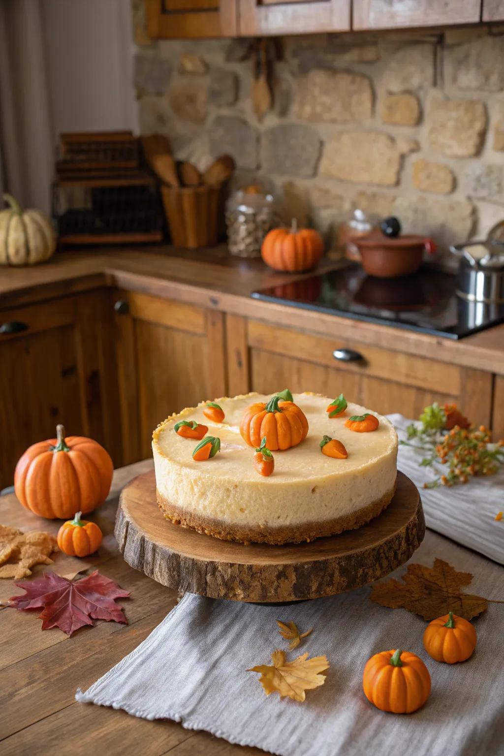 A delightful pumpkin patch on your Halloween cheesecake.