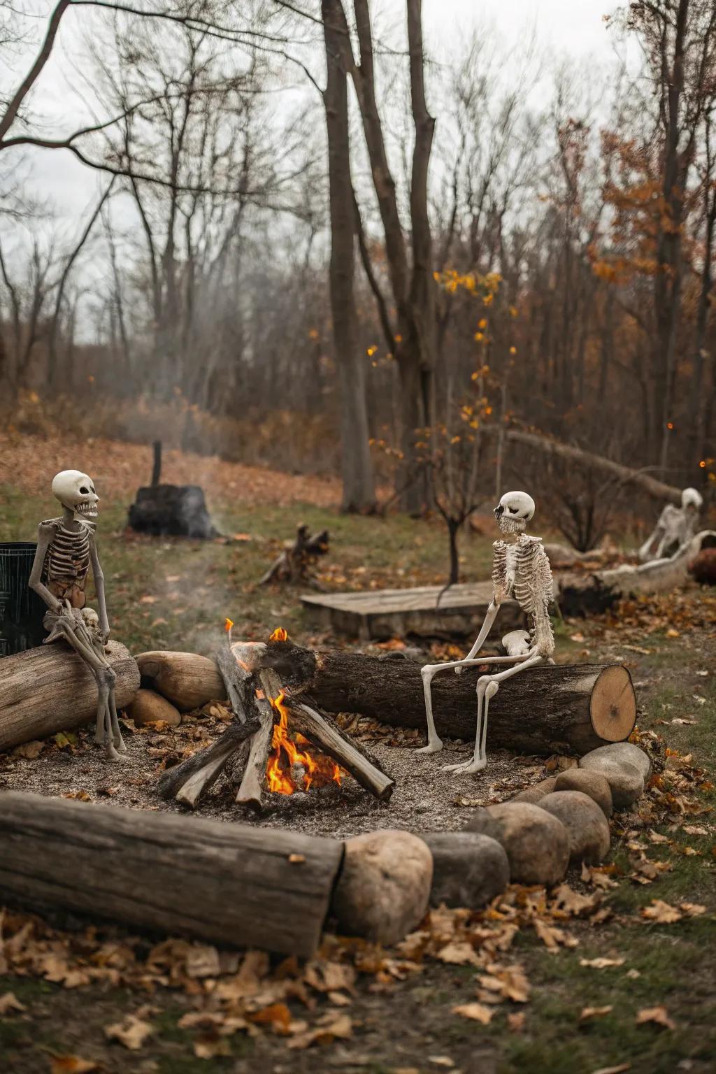 A cozy campfire scene with skeletons adds a charming touch to your Halloween decor.