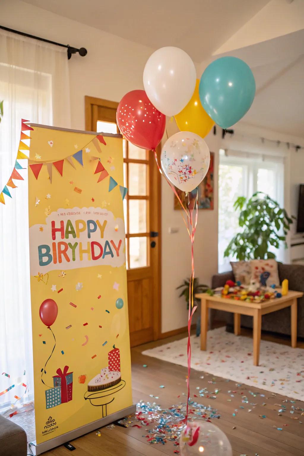 Air balloons and confetti introduce a festive flair to birthday signs.