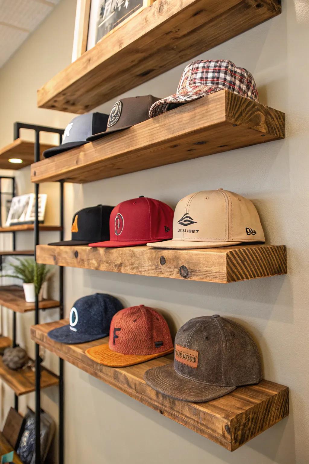 Stack your hats on shelves for a structured showcase.