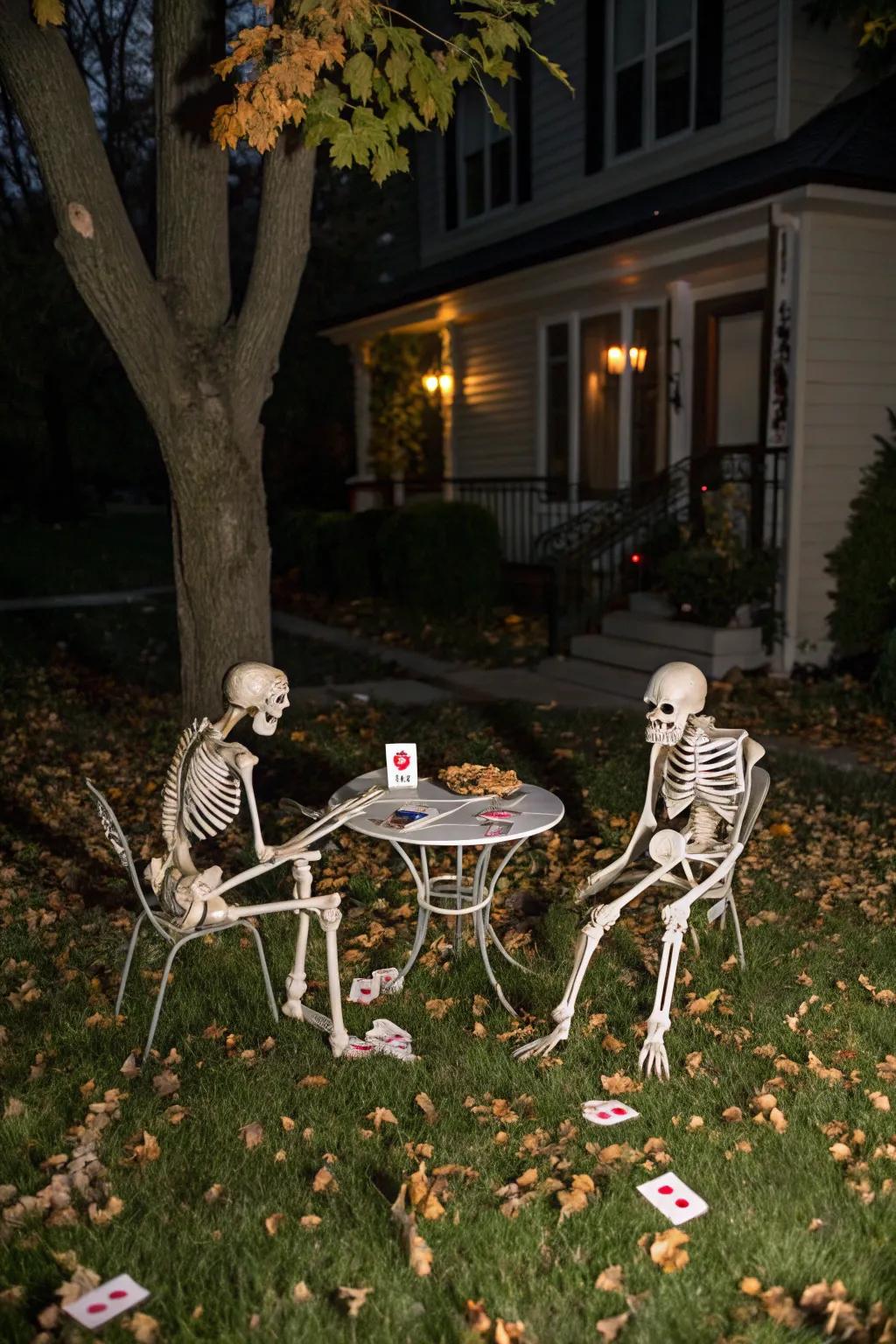 Turn your lawn into a spooky scene with creatively posed skeletons.