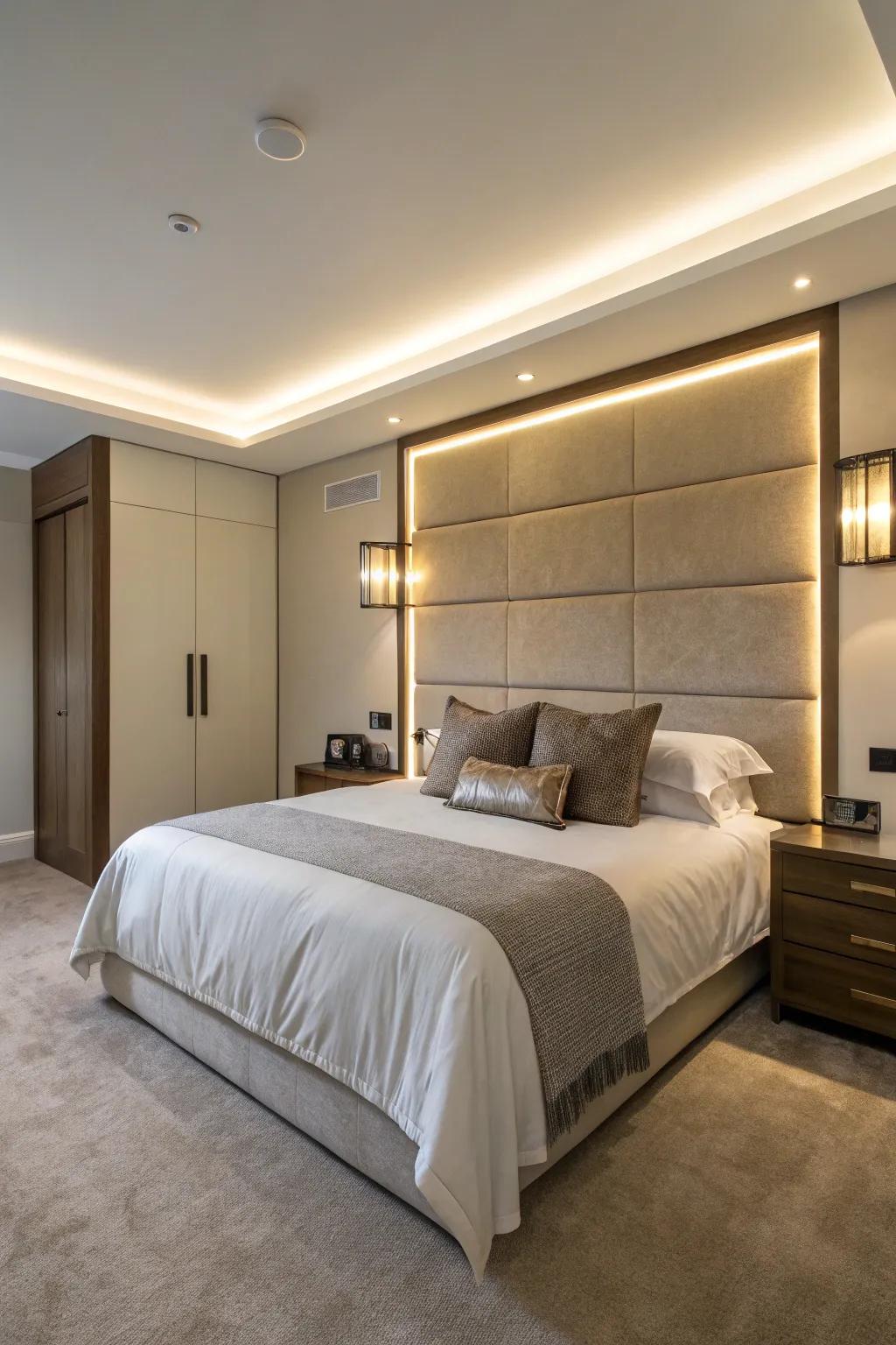 Integrated headboard lights provide a seamless and modern aesthetic.