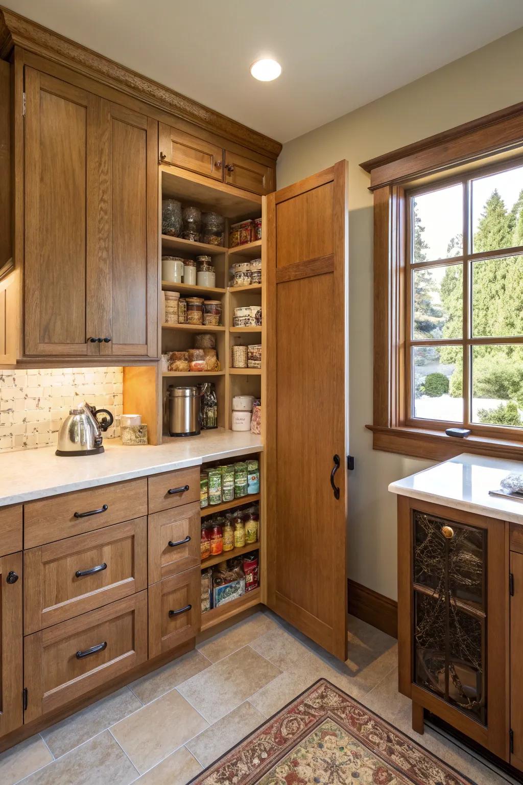 Built-in cabinets doubling as a hidden pantry in a compact kitchen.