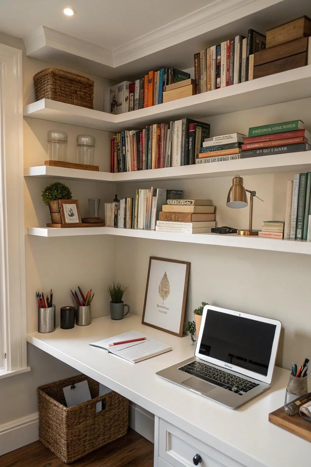 Corner shelves optimize space and add functionality.