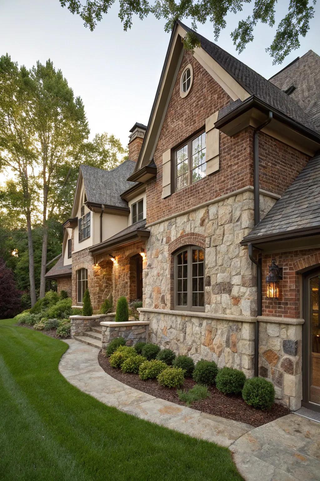 A classic stone and brick veneer offers timeless charm.