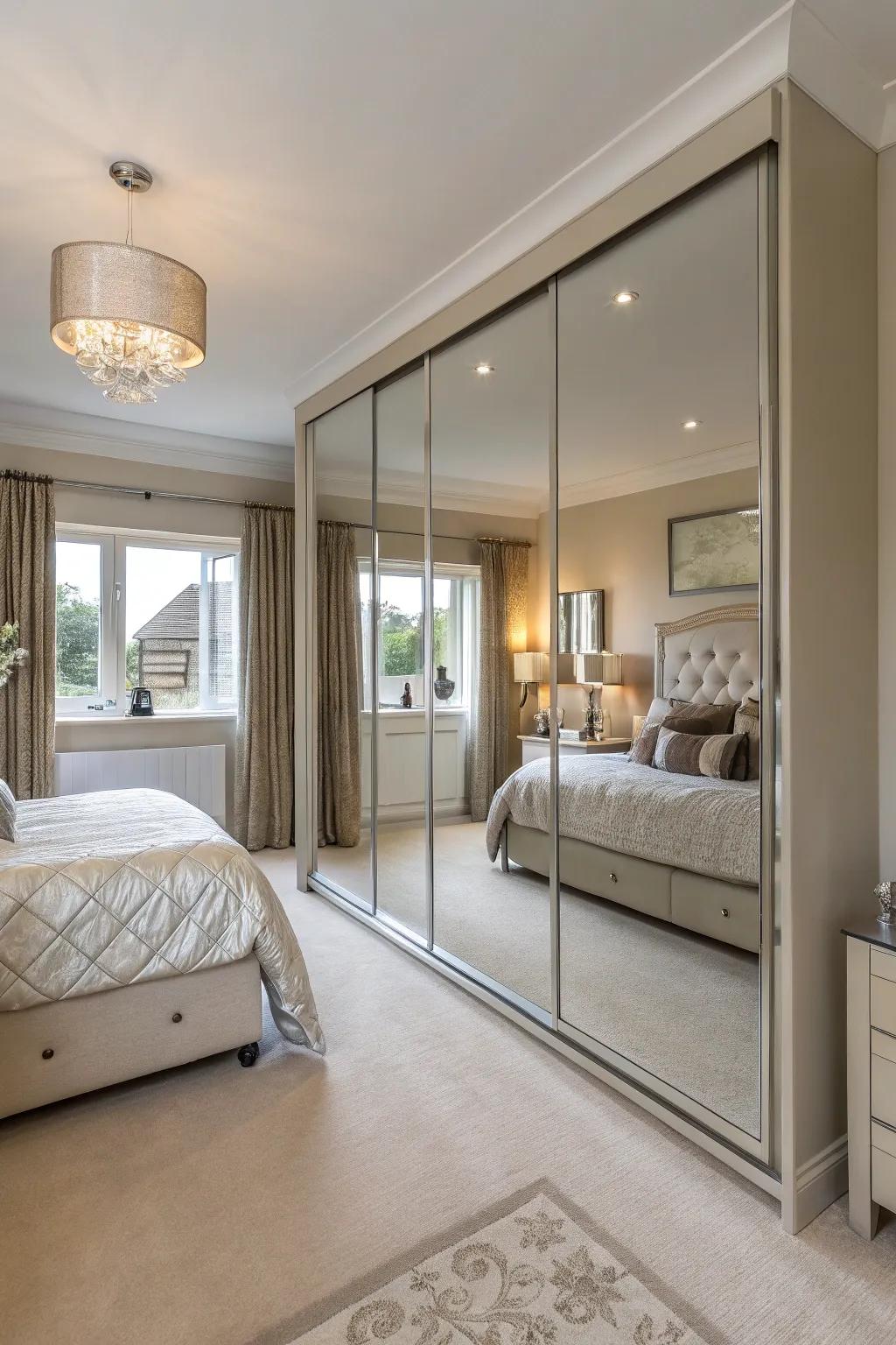 Mirrored closets: where beauty meets the illusion of space.