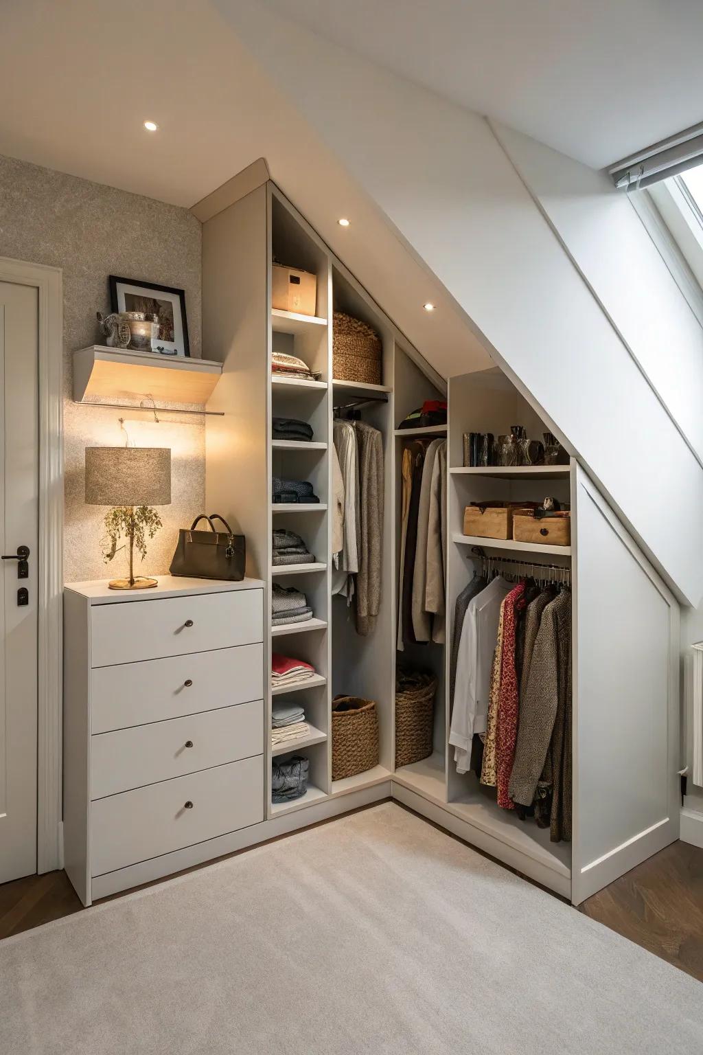 Efficient corner storage maximizes space in an irregular closet.