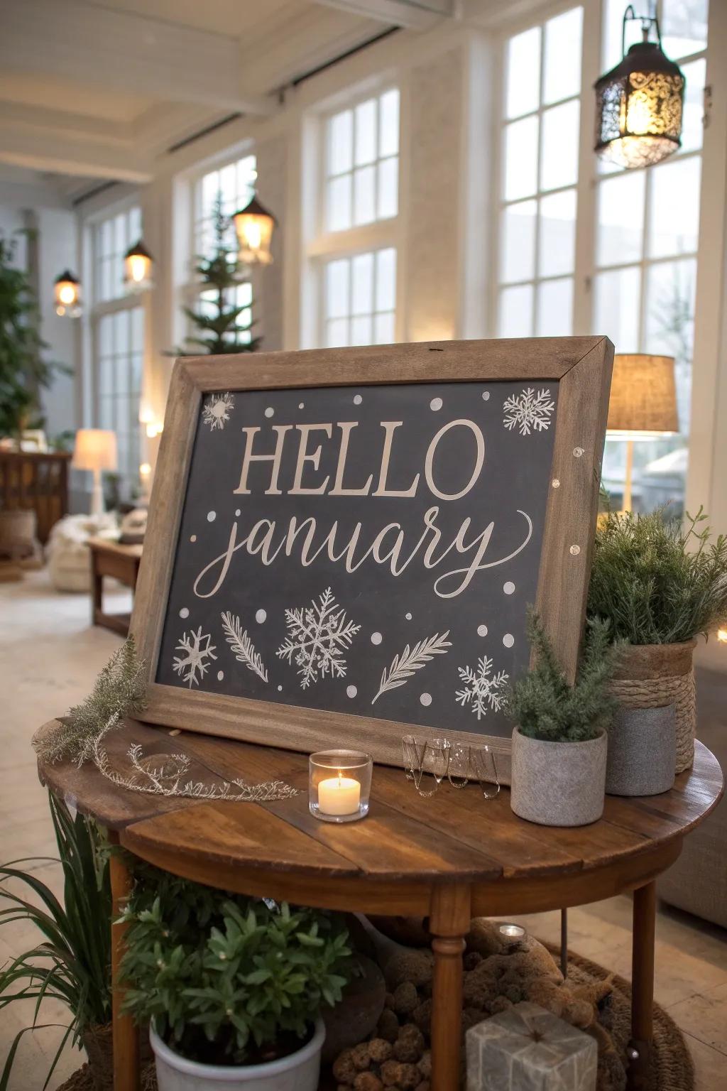 Greet the month with a cheerful chalkboard message.