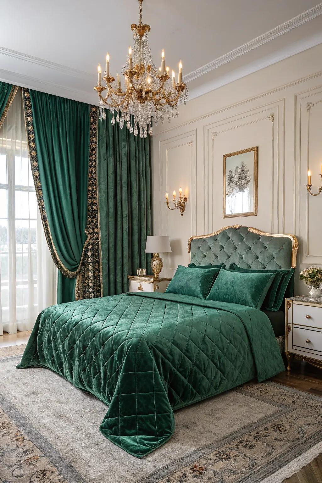 Emerald green velvet adds a lush, inviting touch to any bedroom.