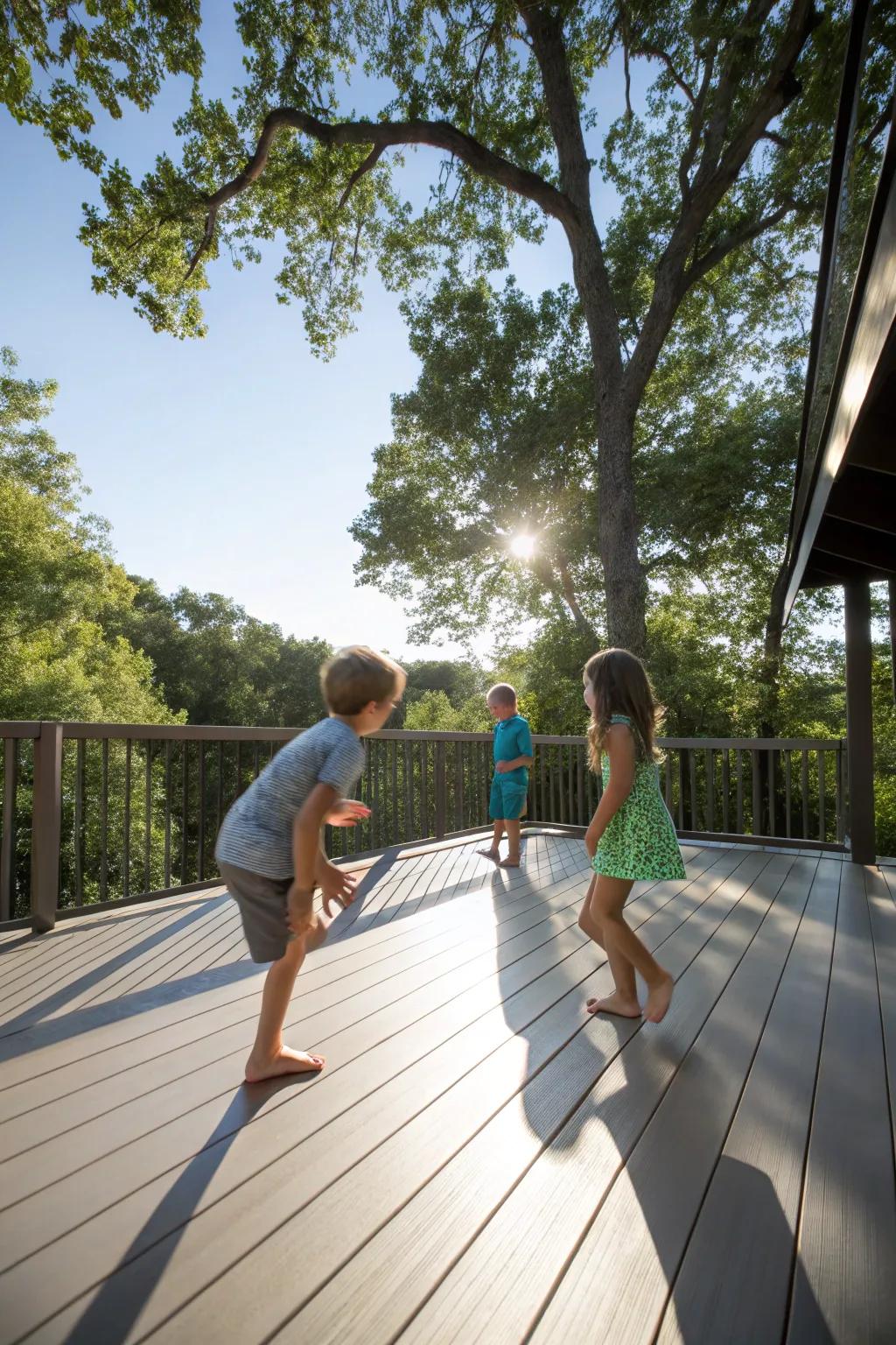 Children playing barefoot on a smooth composite deck, sunlight filtering through the trees.