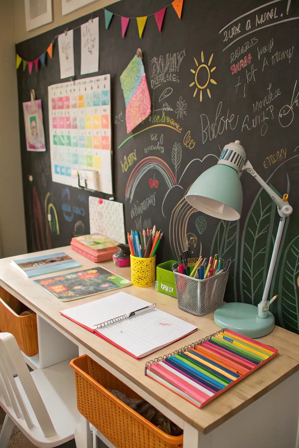 A playful chalkboard wall for creativity and organization.