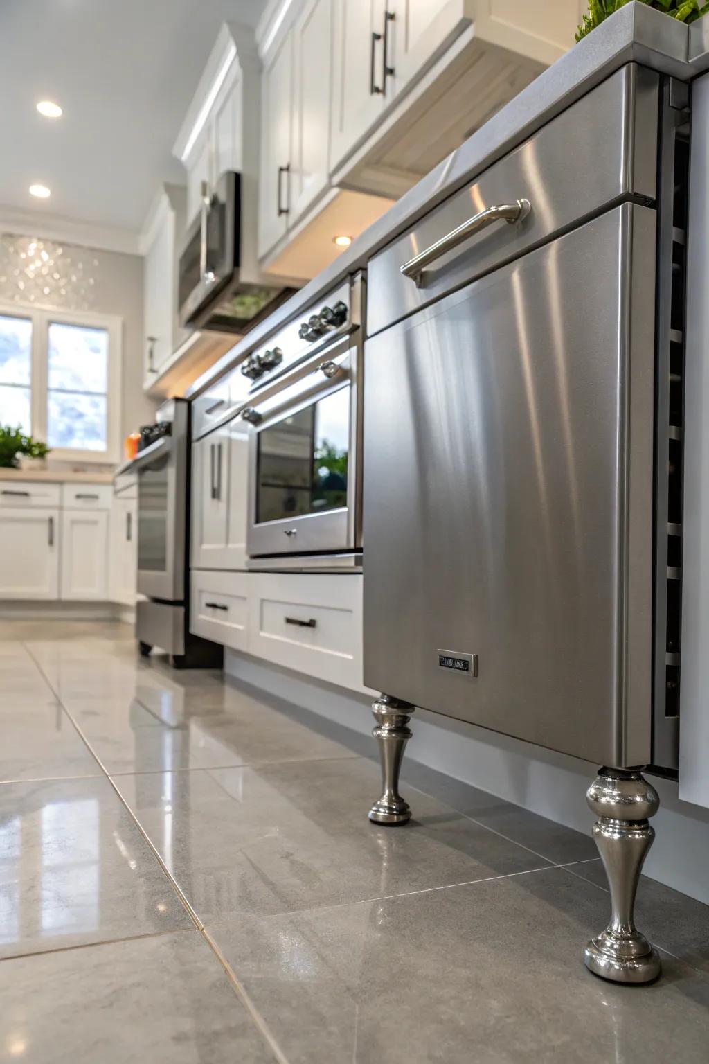 Metal feet add a modern shine to kitchen design.