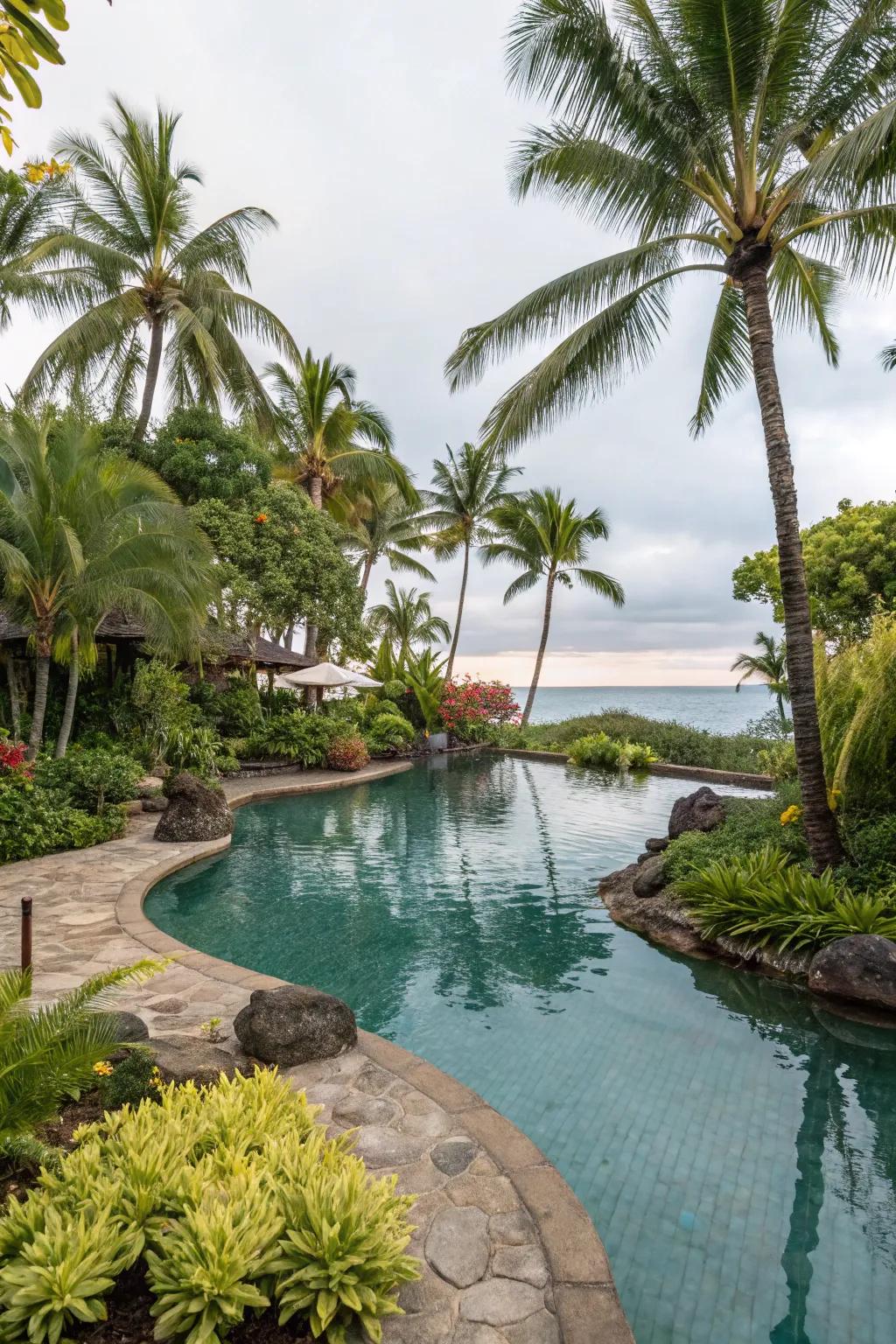 Lush landscaping enhances the tropical feel of a lagoon pool.