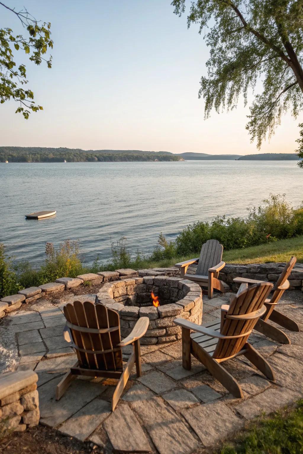 Adirondack chairs offer both comfort and style for your lakeside fire pit.