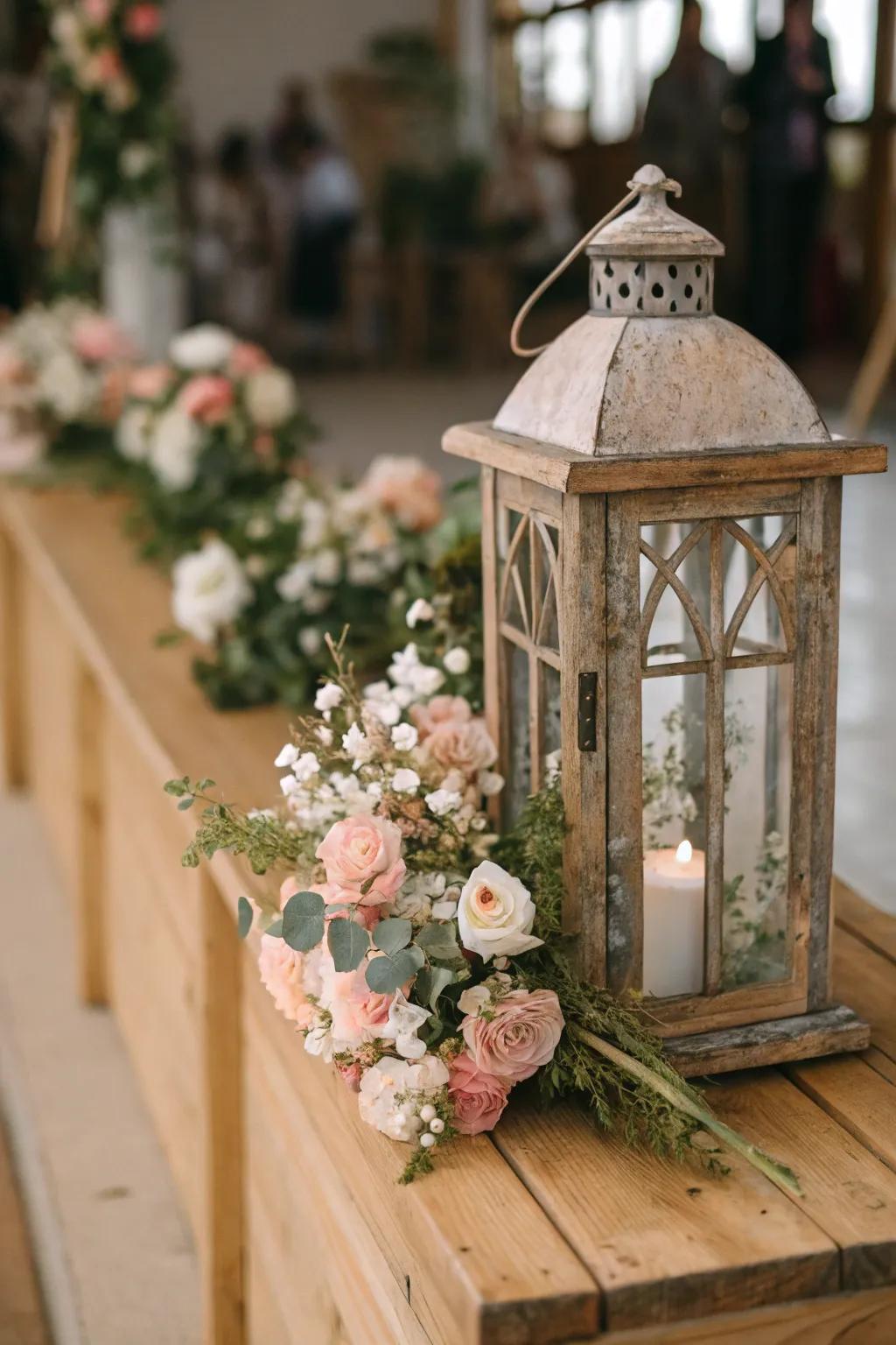 A rustic lantern beautifully accented with flowers.