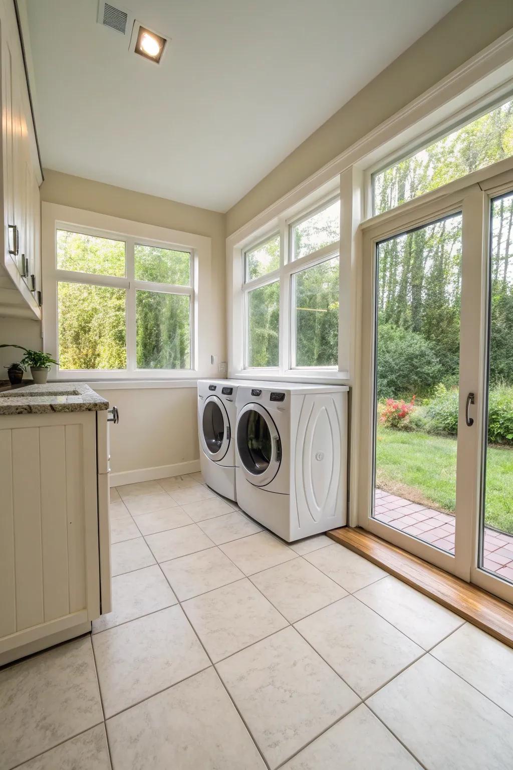 Light-colored tiles enhance natural light in this cozy laundry room.