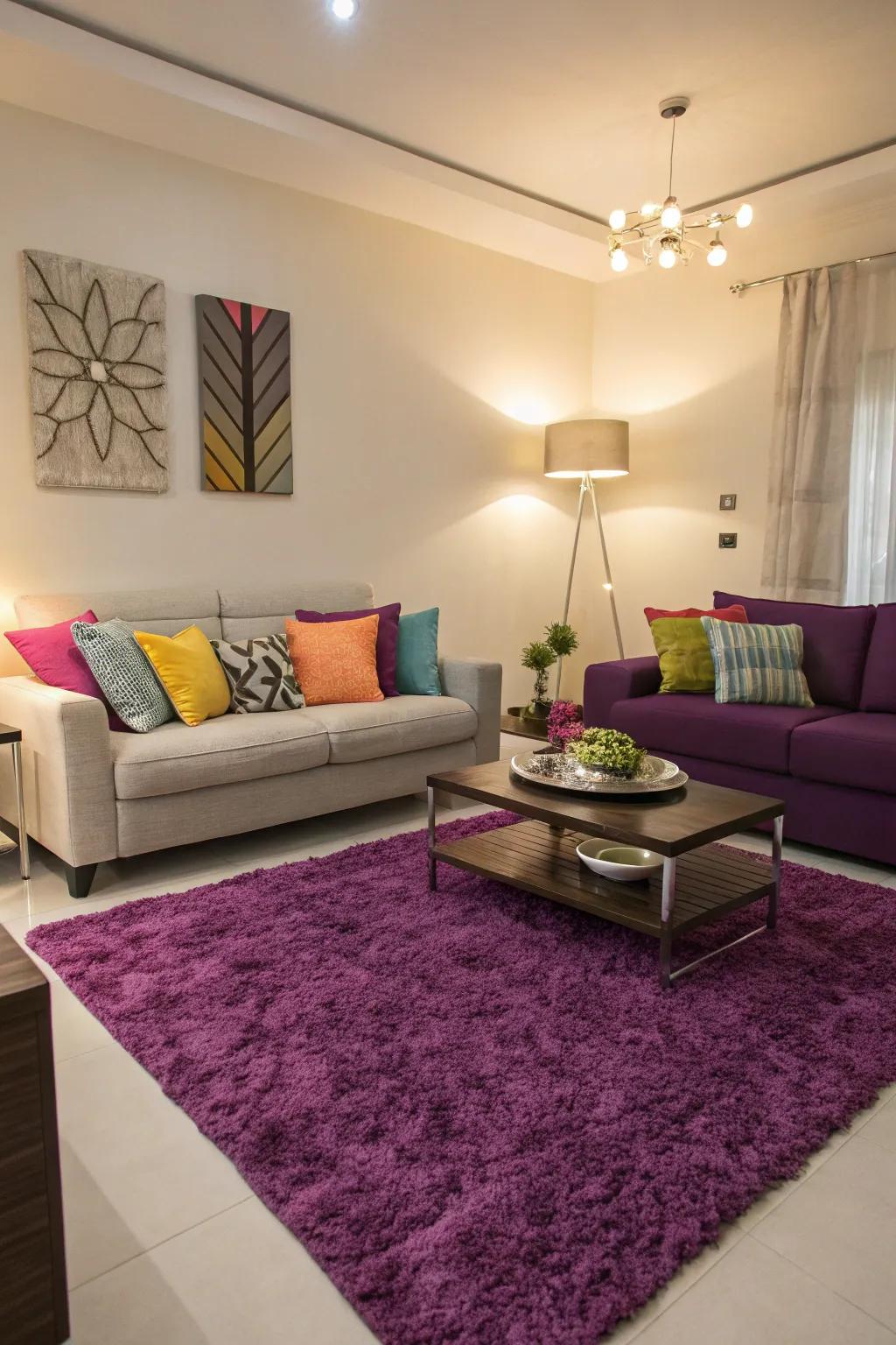 A contemporary living area subtly enhanced with purple details, enriching the space’s aesthetic appeal.
