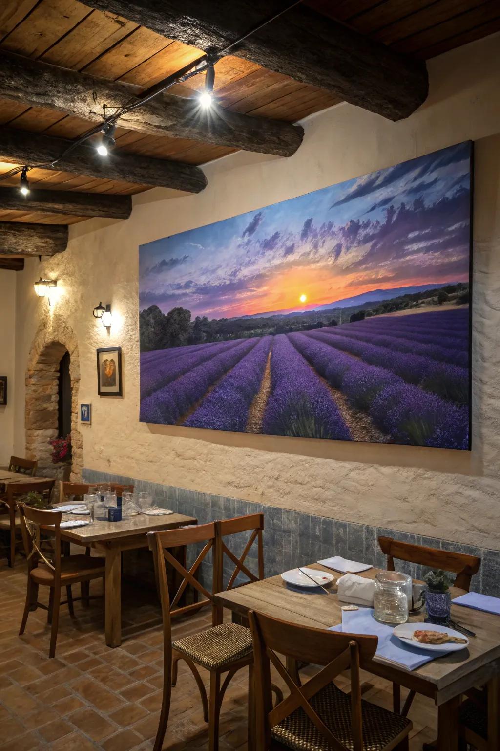 A picturesque floral meadow at sundown, ideal for bestowing warmth upon your dining space.