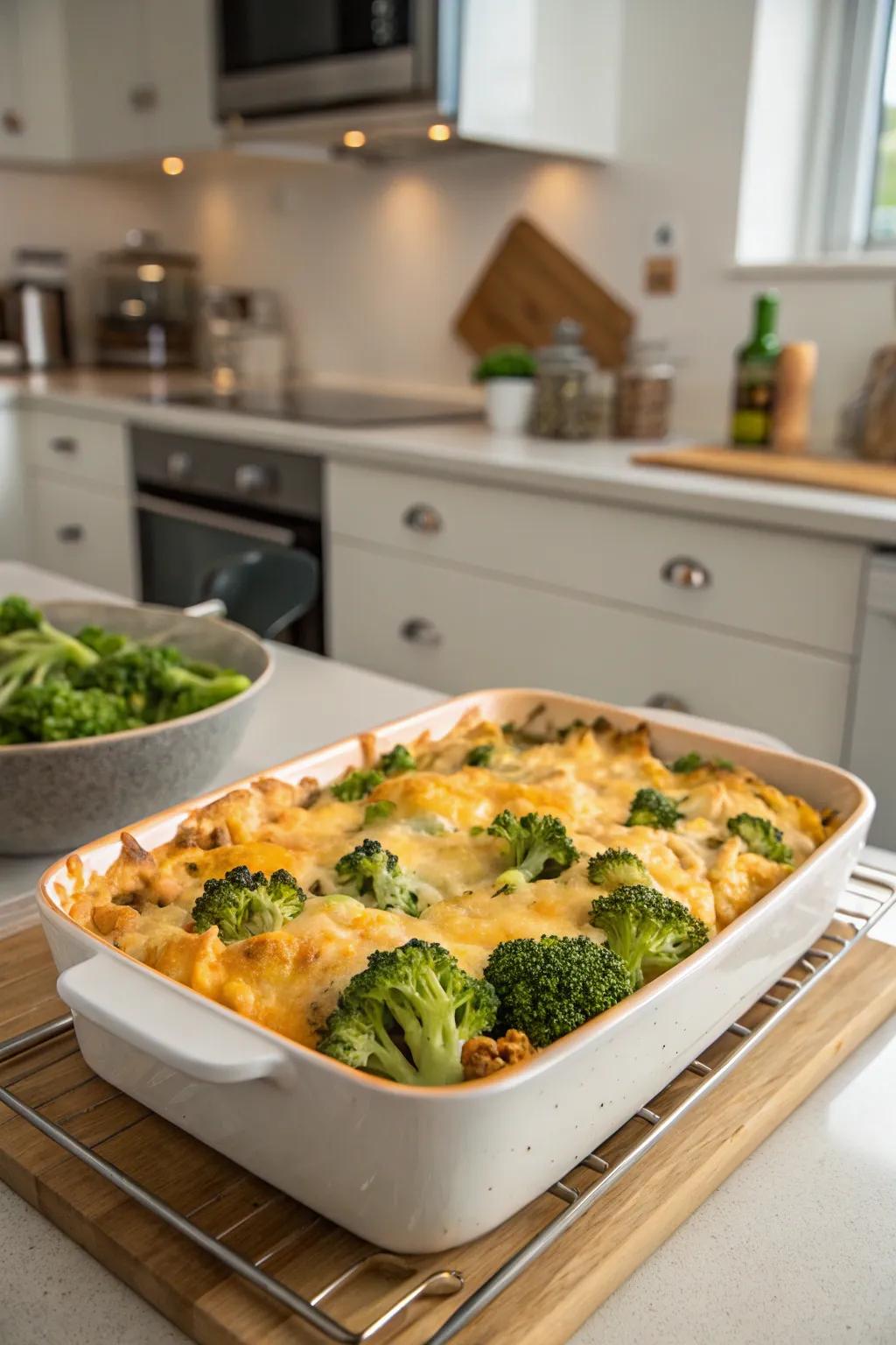 Cheesy broccoli and turkey bake delivers a burst of color to leftover meals.