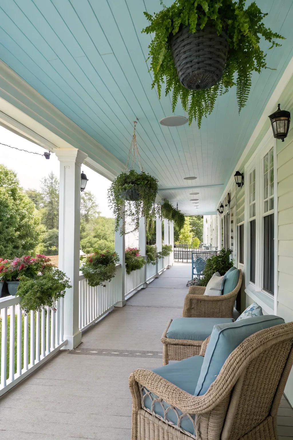 A tranquil porch featuring a sky-blue ceiling and abundant greenery.