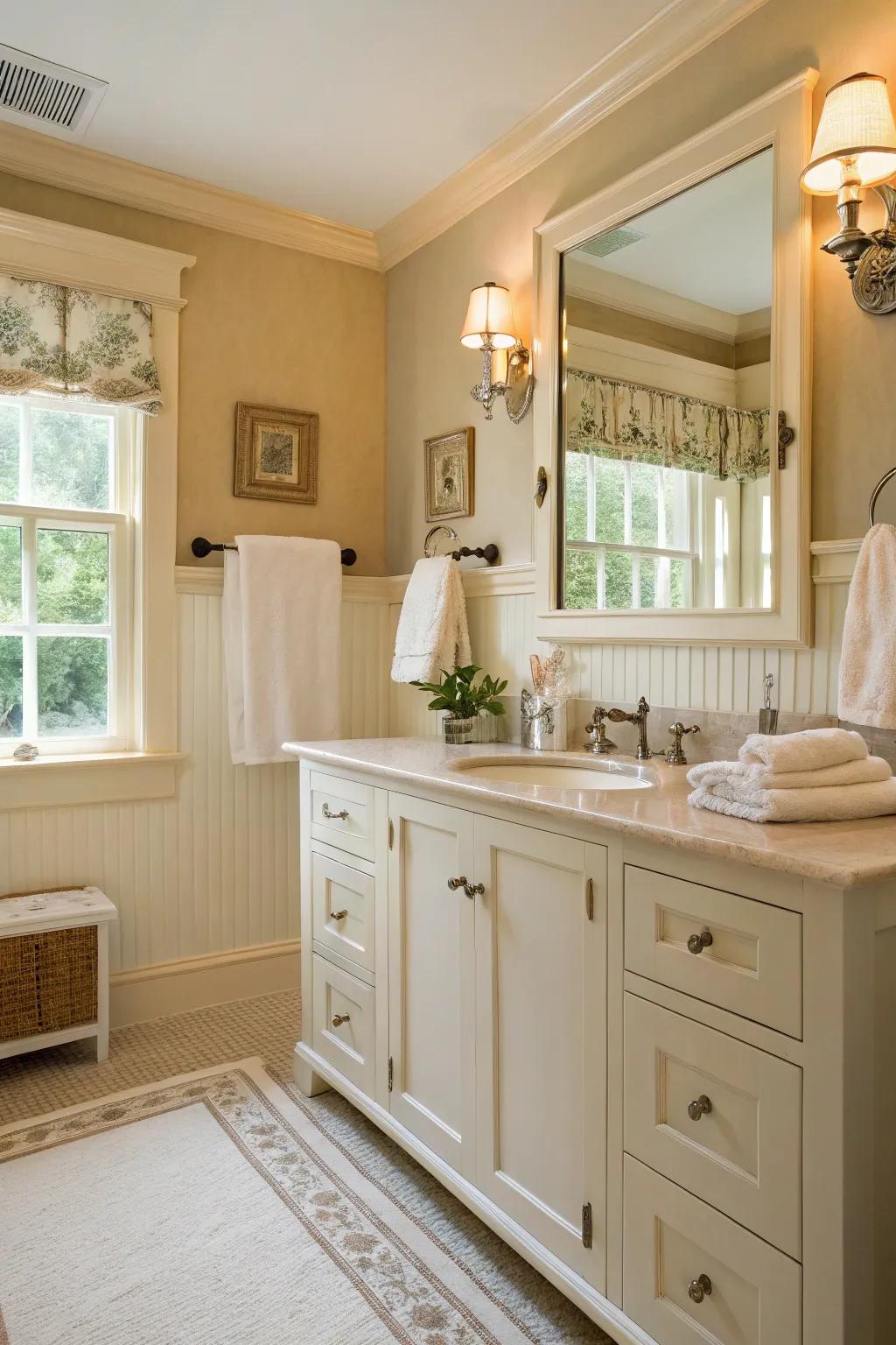 Creamy highlights introduce warmth and comfort to a light color scheme.