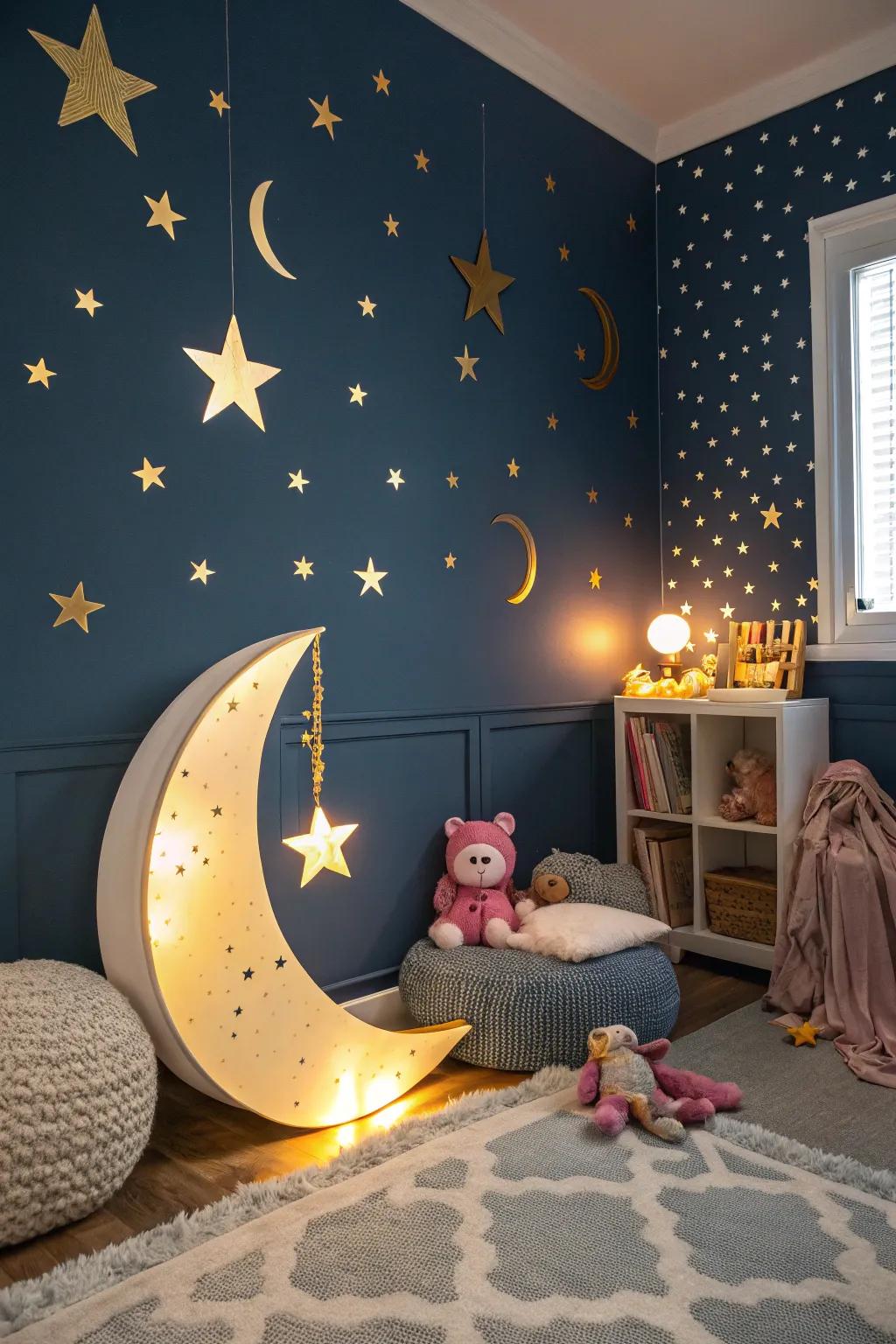 A dreamy night sky theme featuring starry walls.