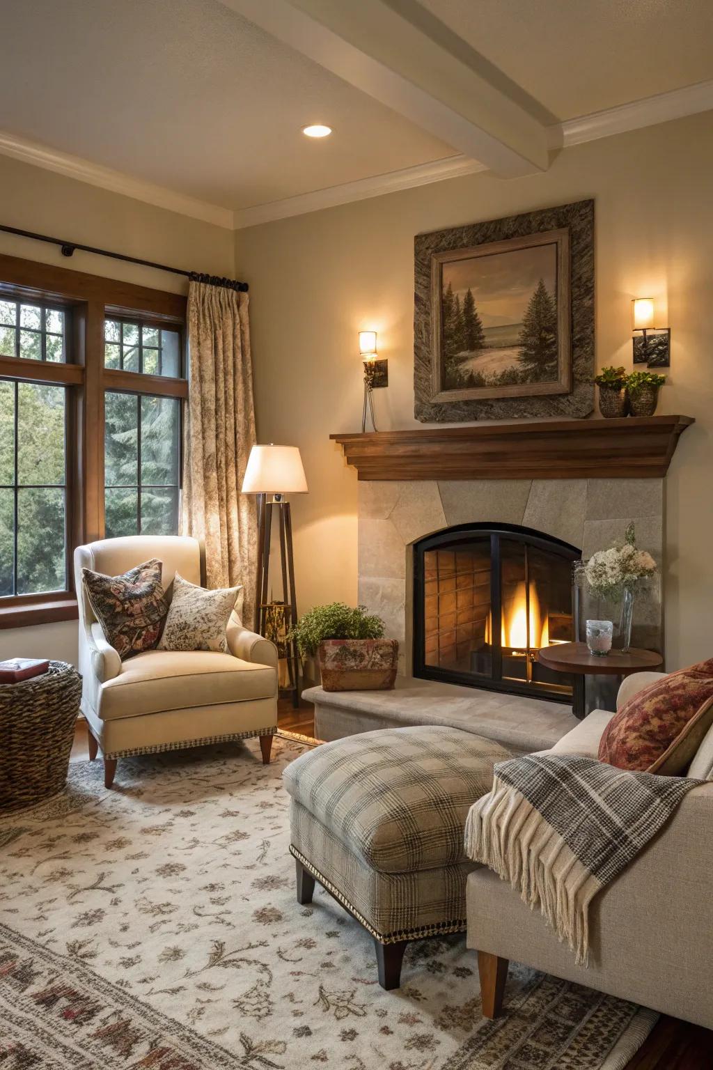 A cozy corner nook with a fireplace, ideal for relaxation.