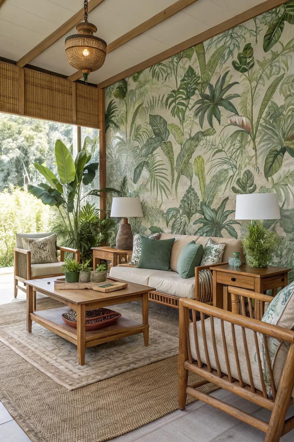 Botanical prints create a serene and vibrant atmosphere.