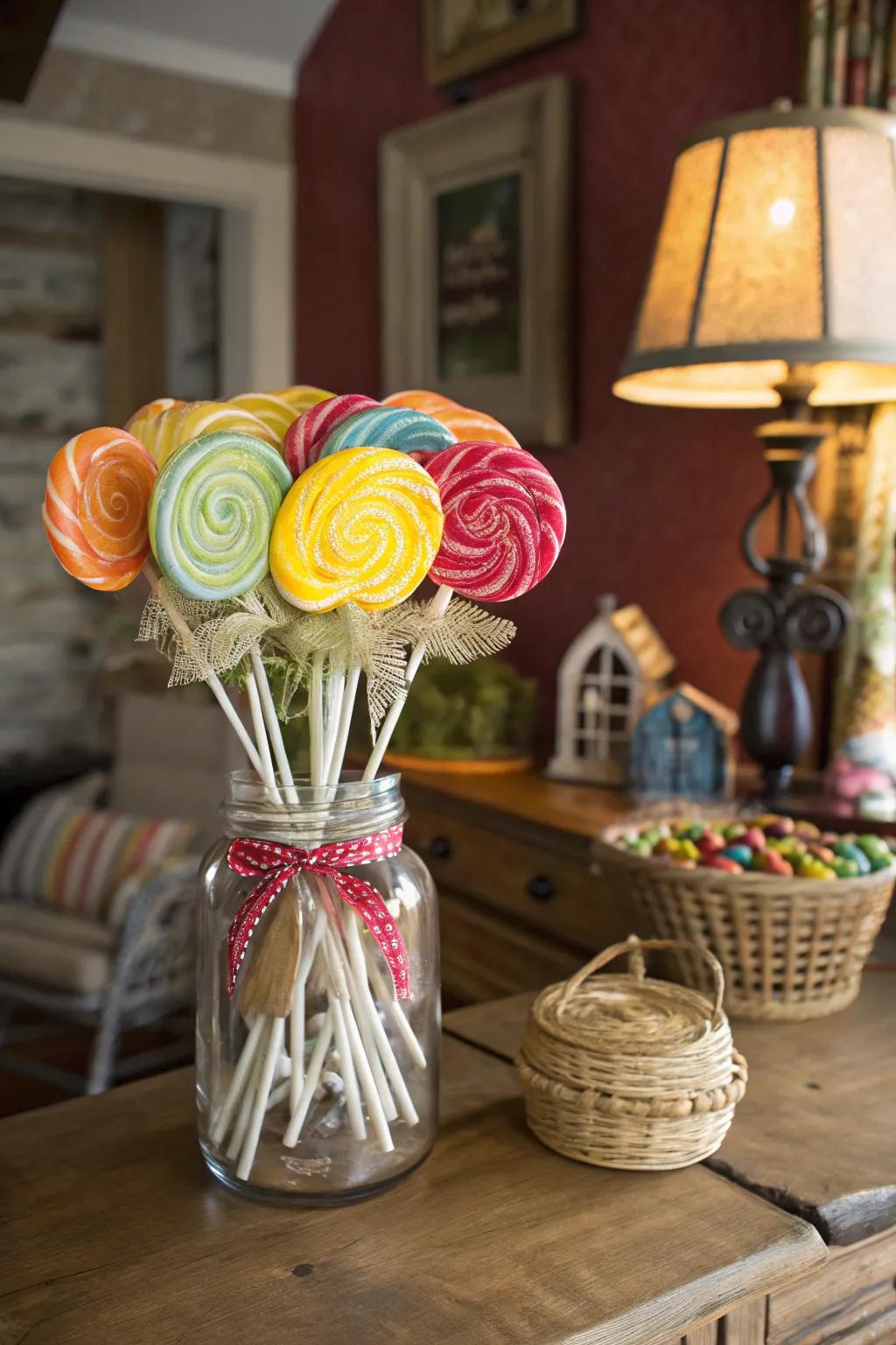 A delightful lollipop bouquet in a mason jar