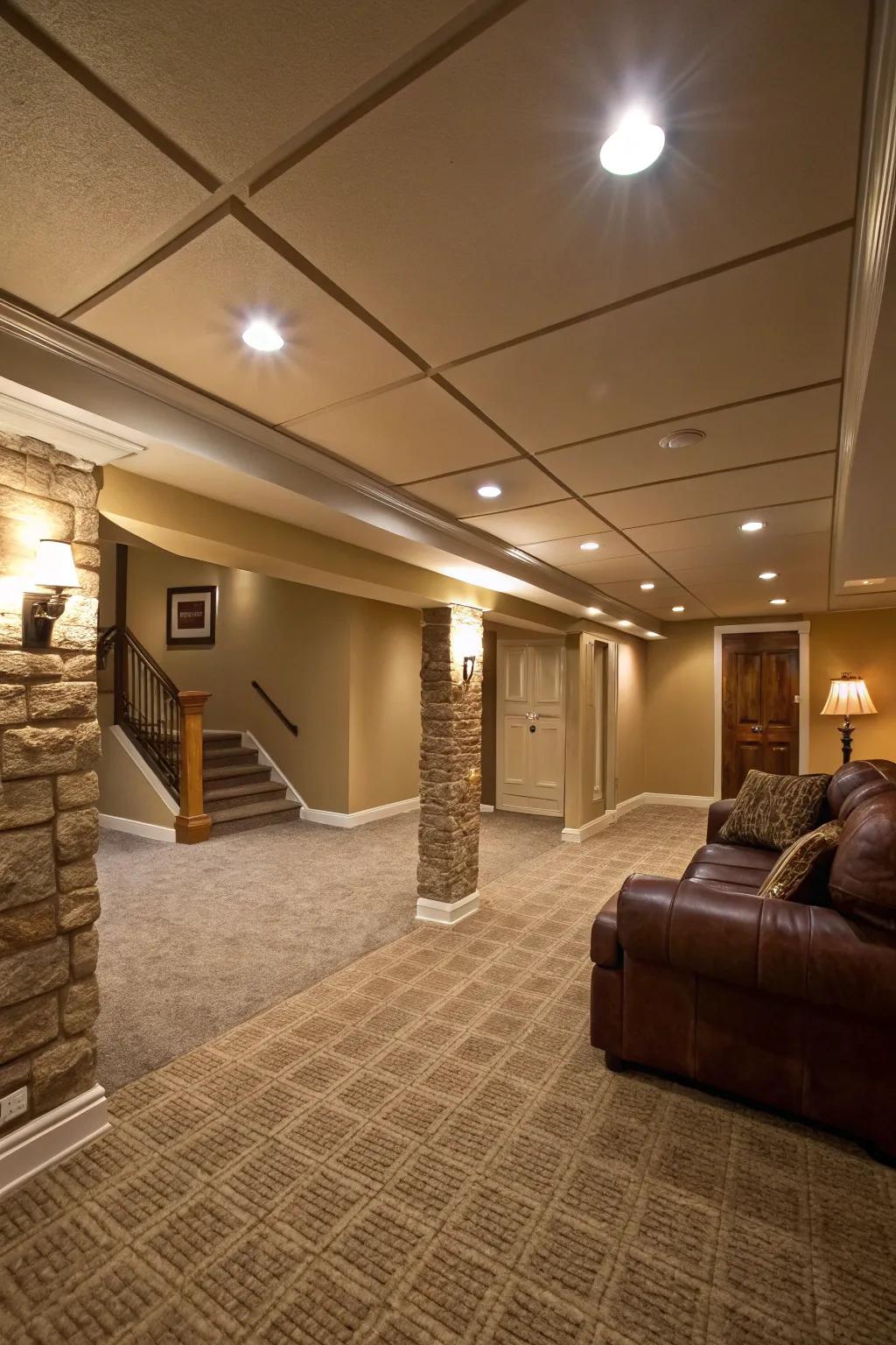 Recessed lighting maximizes ceiling height while providing ample illumination.